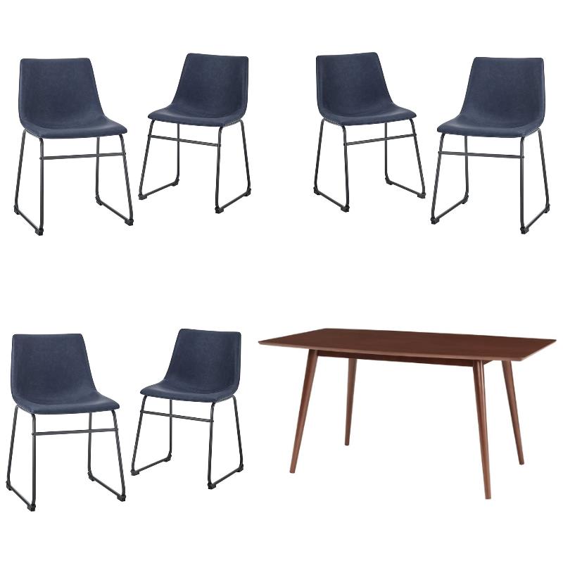 Home Square 7-Piece Set with Dining Table & 6 Dining Chairs in Blue and Walnut