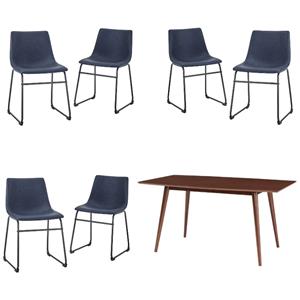 Home Square 7-Piece Set with Dining Table & 6 Dining Chairs in Blue and Walnut