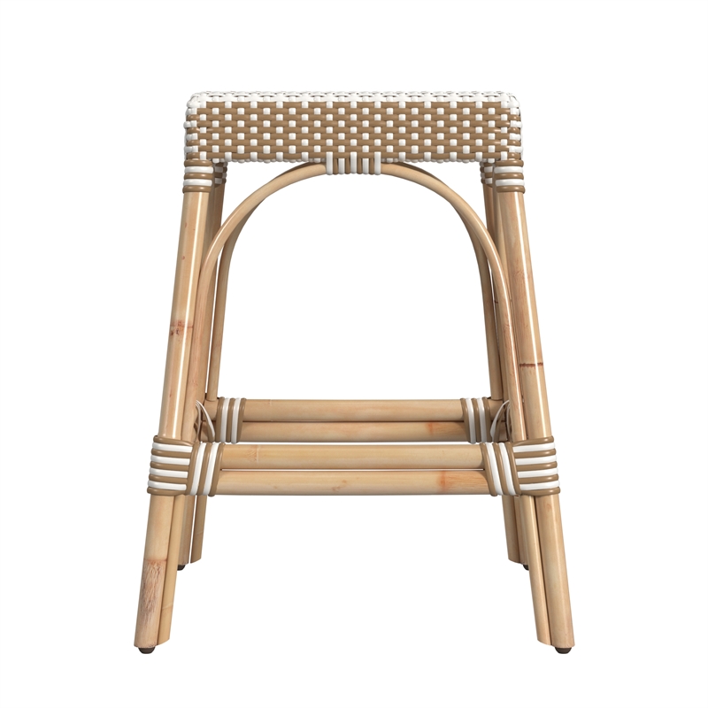 Home Square Rattan Counter Stool in Tan & White Stripe - Set of 2