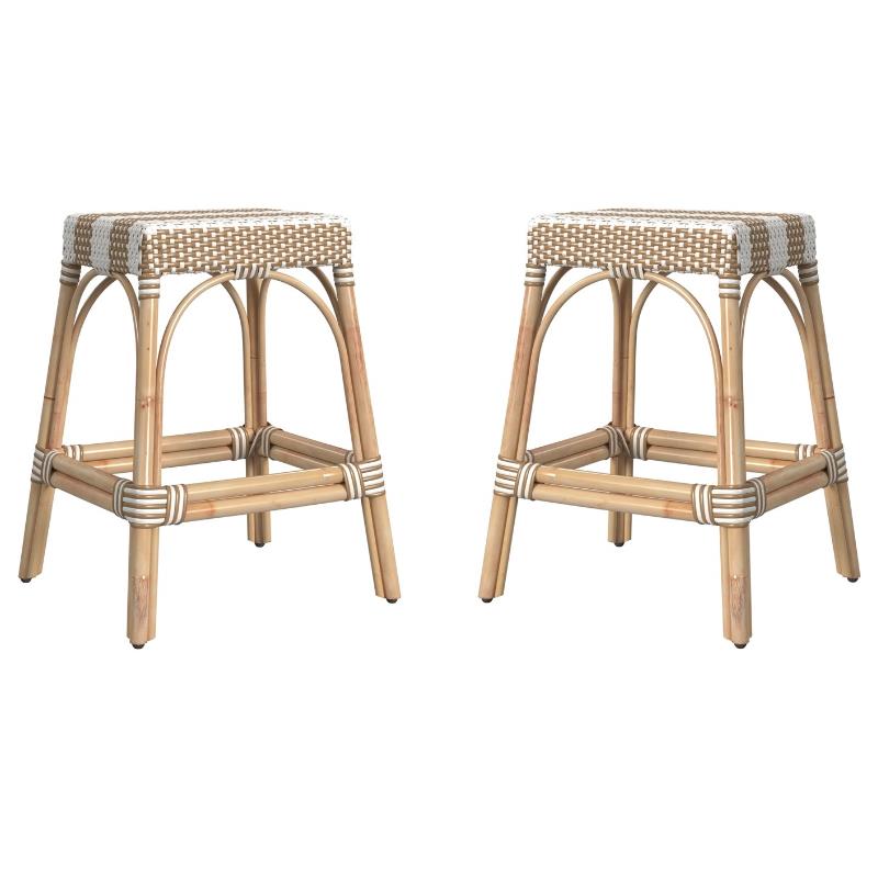 Home Square Rattan Counter Stool in Tan & White Stripe - Set of 2