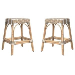 Home Square Rattan Counter Stool in Tan & White Stripe - Set of 2