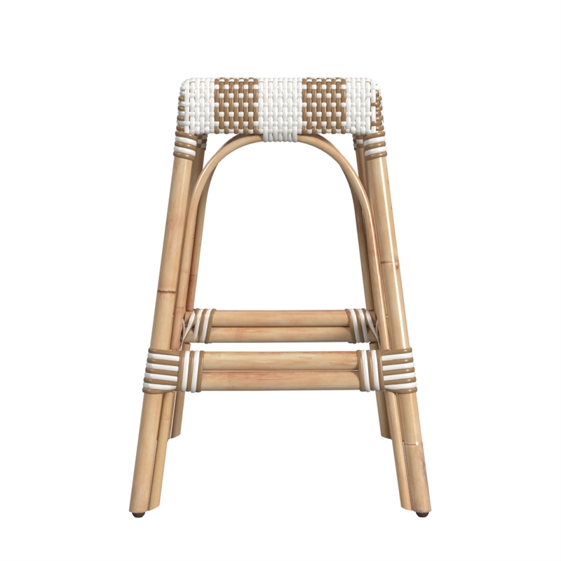 Home Square Rattan Counter Stool in Tan & White Stripe - Set of 3