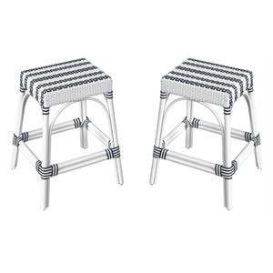 Home Square 24.5&quot Rattan Counter Stool in White & Navy Stripe - Set of 2