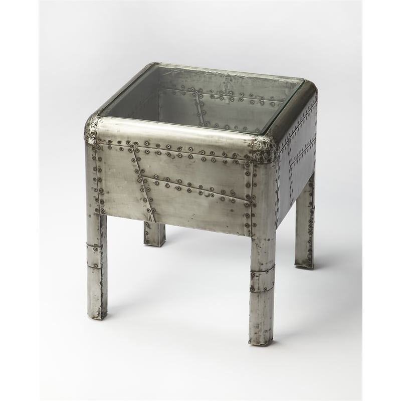 Home Square Metal Glass Top End Table in Gray Finish - Set of 2