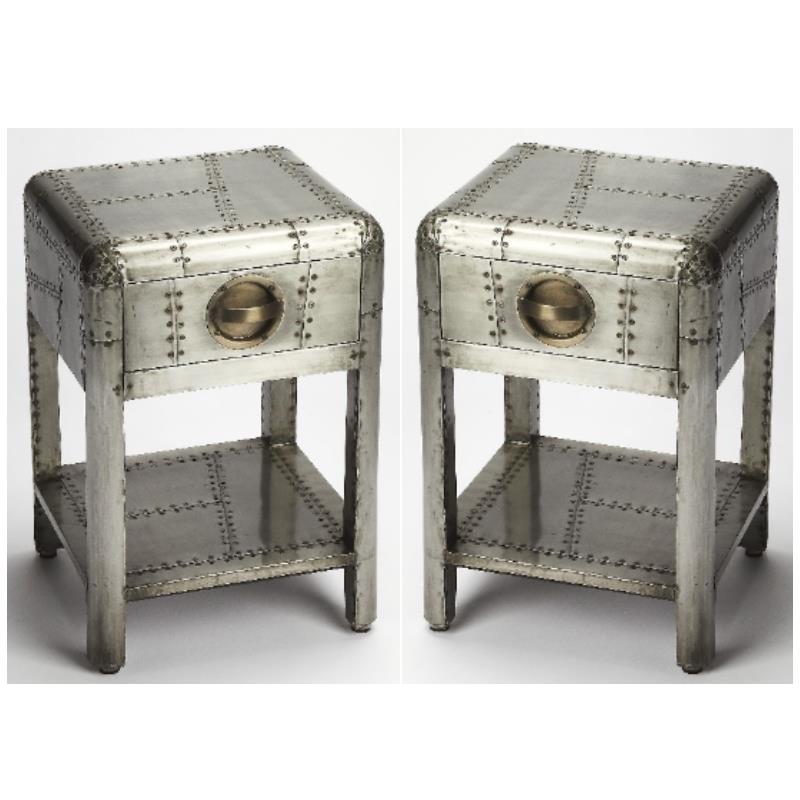 Home Square One Drawer Metal Side Table in Silver - Set of 2