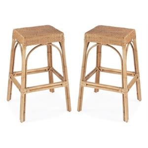 Home Square 30&quot Rectangular Rattan Bar Stool in Natural - Set of 2