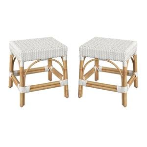 Home Square 18&quot Rattan Rectangular Dining Stool in White - Set of 2