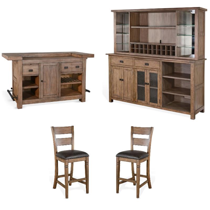 Home Square 4-Piece Set with Bar Unit & Hutch & 2 Barstools in Taupe Brown