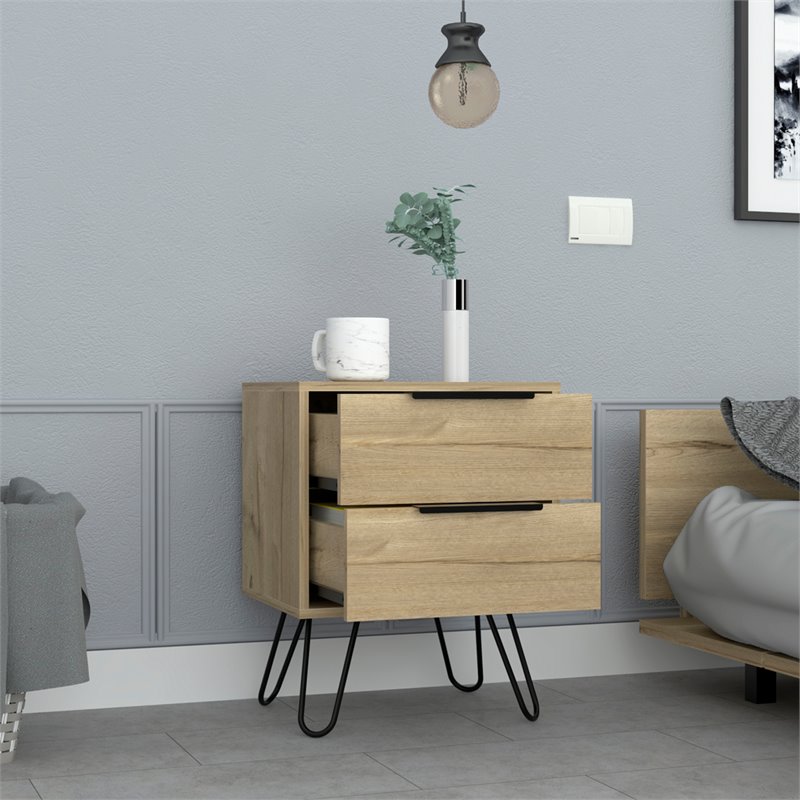 Home Square Modern Metal Nightstand with 2 Drawer in Light Oak - Set of 2