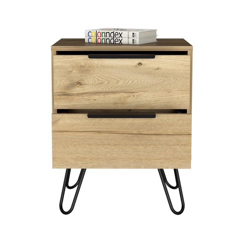 Home Square Modern Metal Nightstand with 2 Drawer in Light Oak - Set of 2