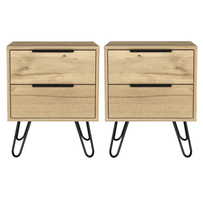 Home Square Modern Metal Nightstand with 2 Drawer in Light Oak - Set of 2