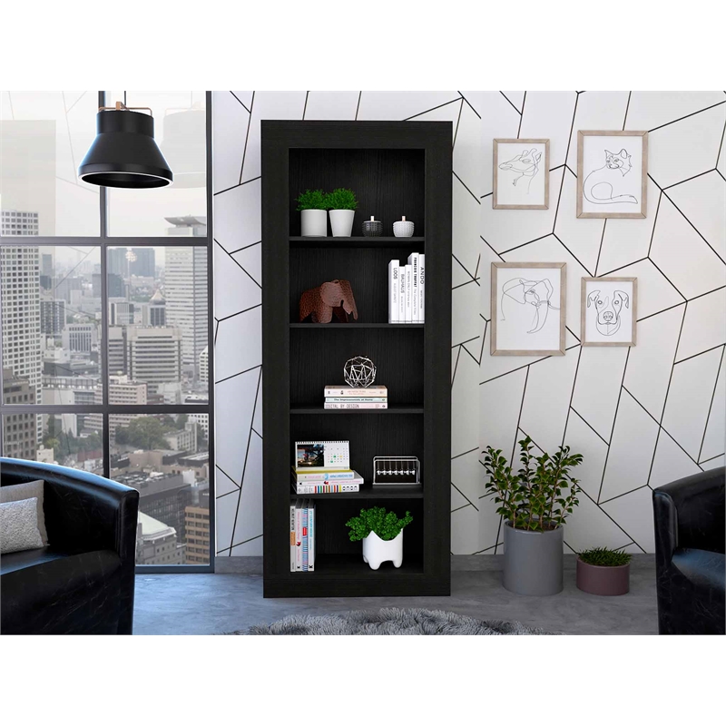 Home Square Engineered Wood Bookcase with Five Shelves in Black - Set of 2