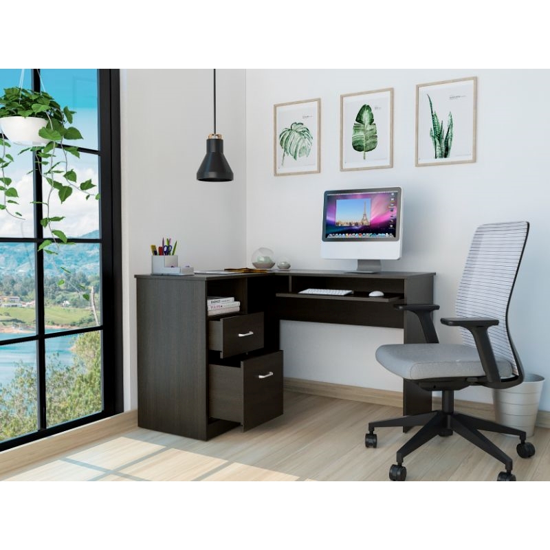 Home Square 2-Piece Set with L-Shaped Desk and Slim Bookcase in Black