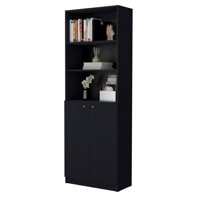 Home Square 2-Piece Set with L-Shaped Desk and 2 Door Bookcase in Black