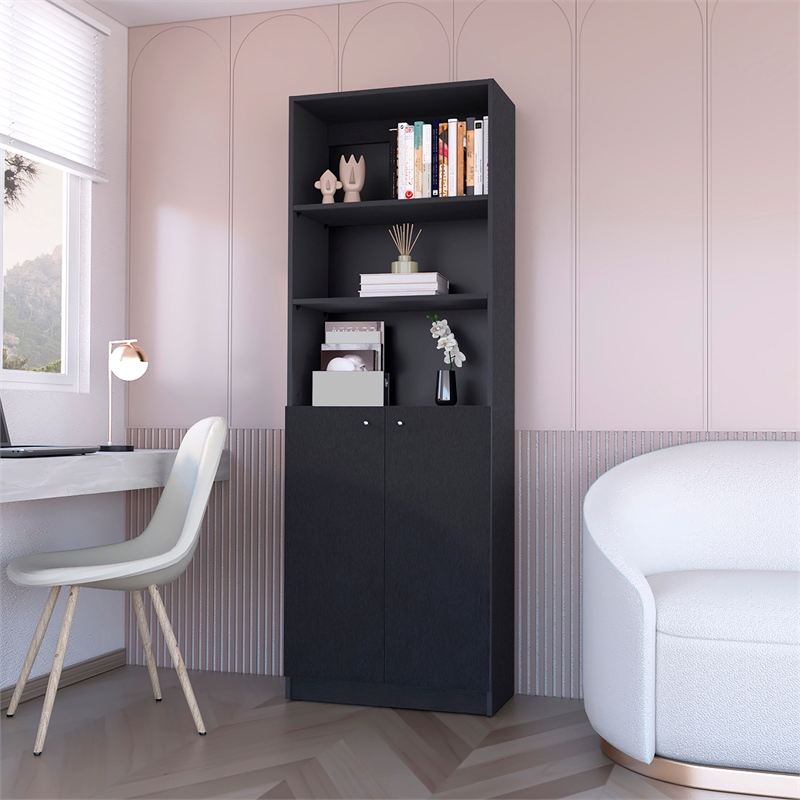 Home Square 2-Piece Set with L-Shaped Desk and 2 Door Bookcase in Black
