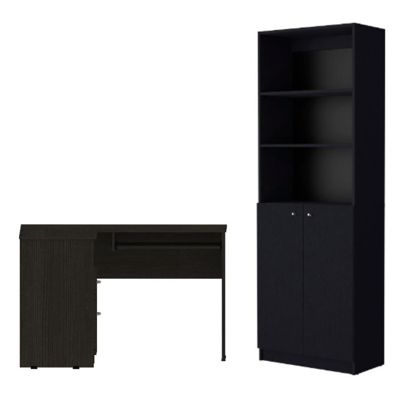 Home Square 2-Piece Set with L-Shaped Desk and 2 Door Bookcase in Black