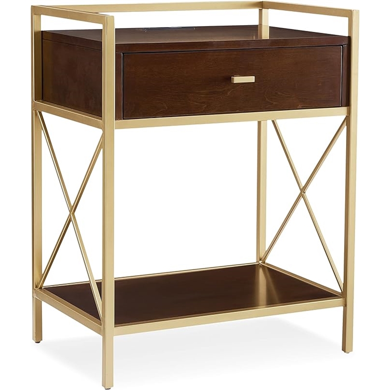 Home Square Nightstand with Top AC USB Charging in Walnut Brown - Set of 2