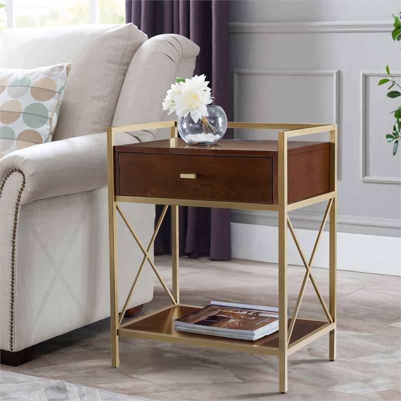 Home Square Nightstand with Top AC USB Charging in Walnut Brown - Set of 2