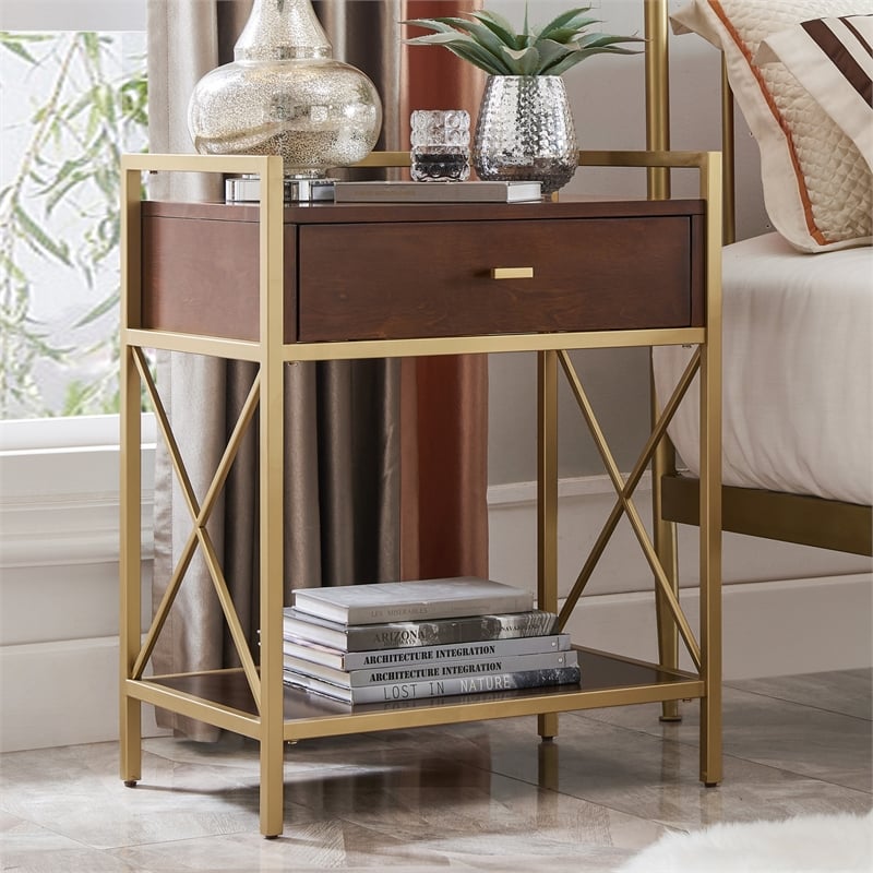 Home Square Nightstand with Top AC USB Charging in Walnut Brown - Set of 2