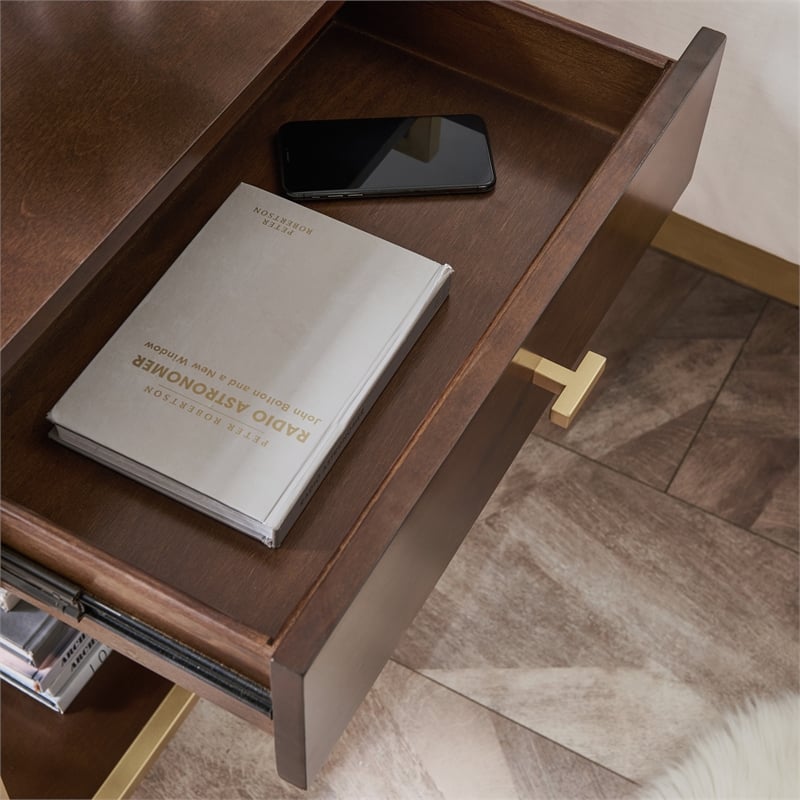 Home Square Nightstand with Top AC USB Charging in Walnut Brown - Set of 2