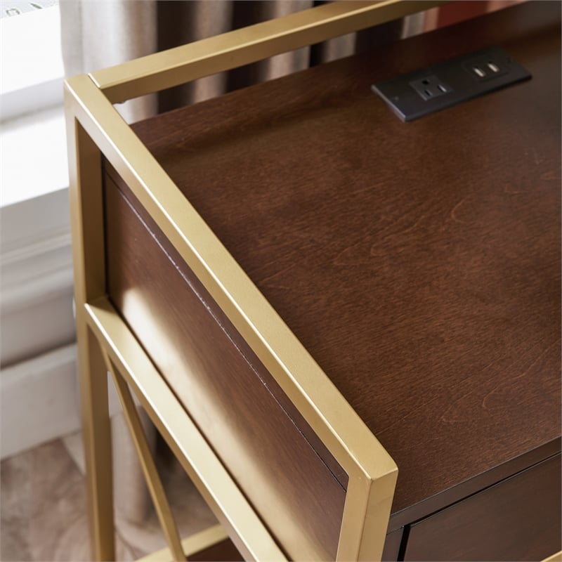 Home Square Nightstand with Top AC USB Charging in Walnut Brown - Set of 2