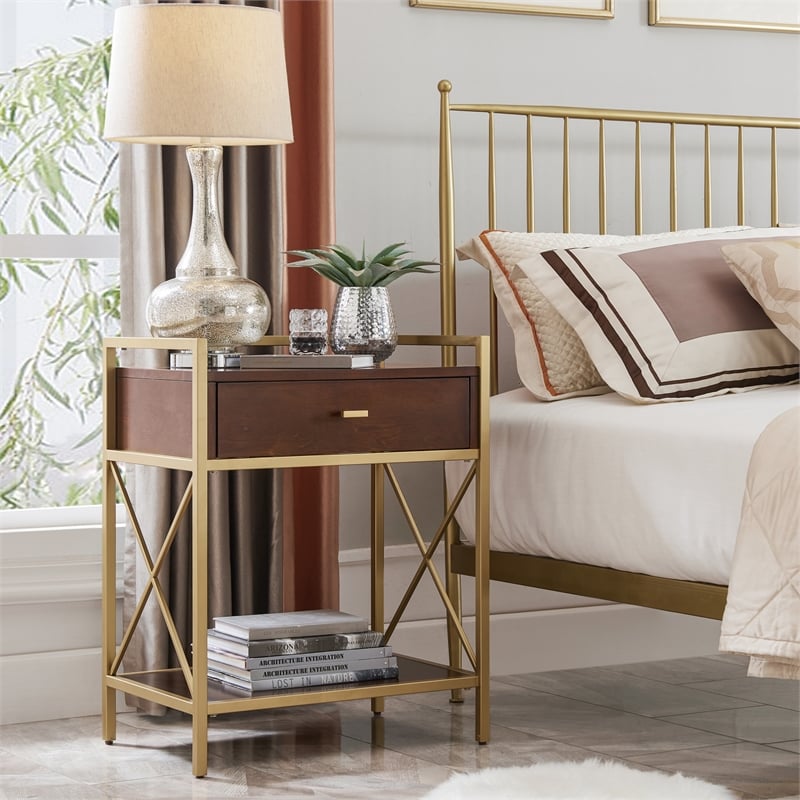 Home Square Nightstand with Top AC USB Charging in Walnut Brown - Set of 2