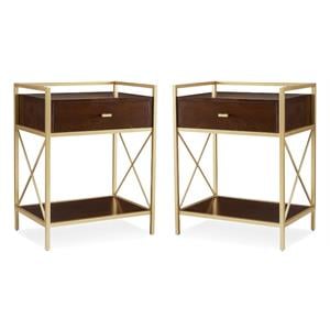 Home Square Nightstand with Top AC USB Charging in Walnut Brown - Set of 2