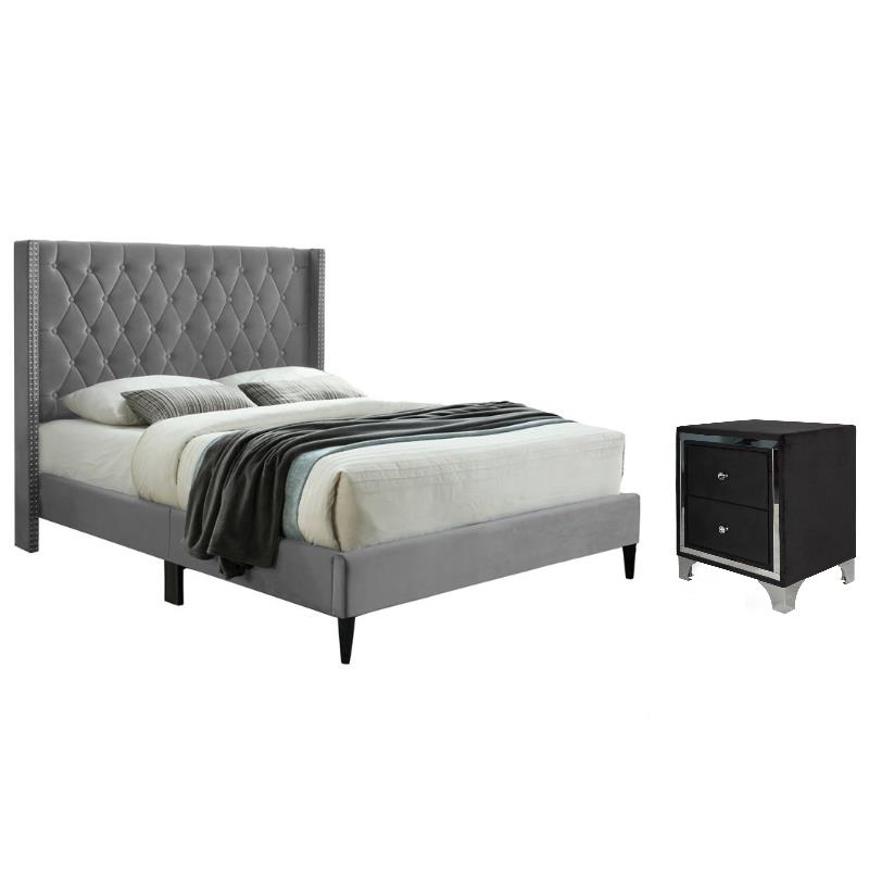 Home Square 2-Piece Set with Nightstand and Queen Platform Bed in Gray