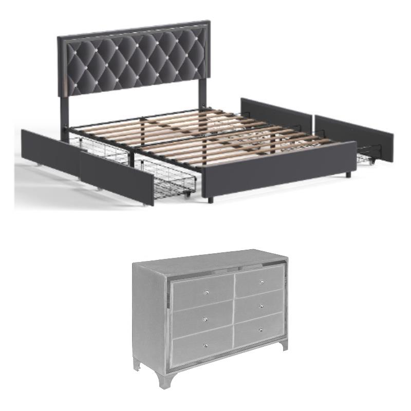 Home Square 2-Piece Set with Double Dresser & King Size Platform Bed in Gray
