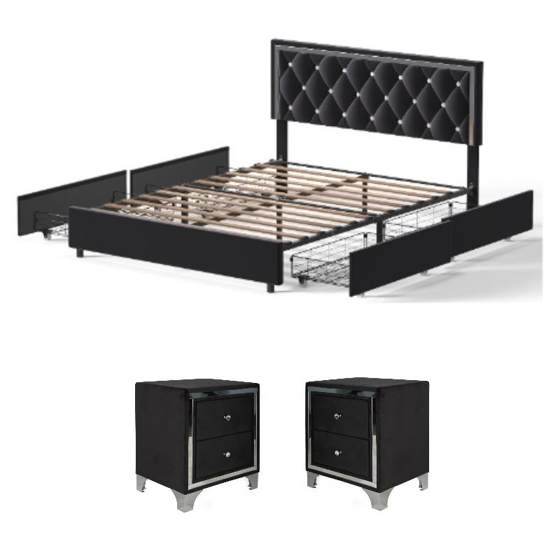 Home Square 3-Piece Set with Platform King Bed & 2 Nightstands in Black