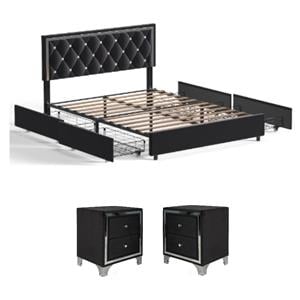 Home Square 3-Piece Set with Platform Queen Bed & 2 Nightstands in Black