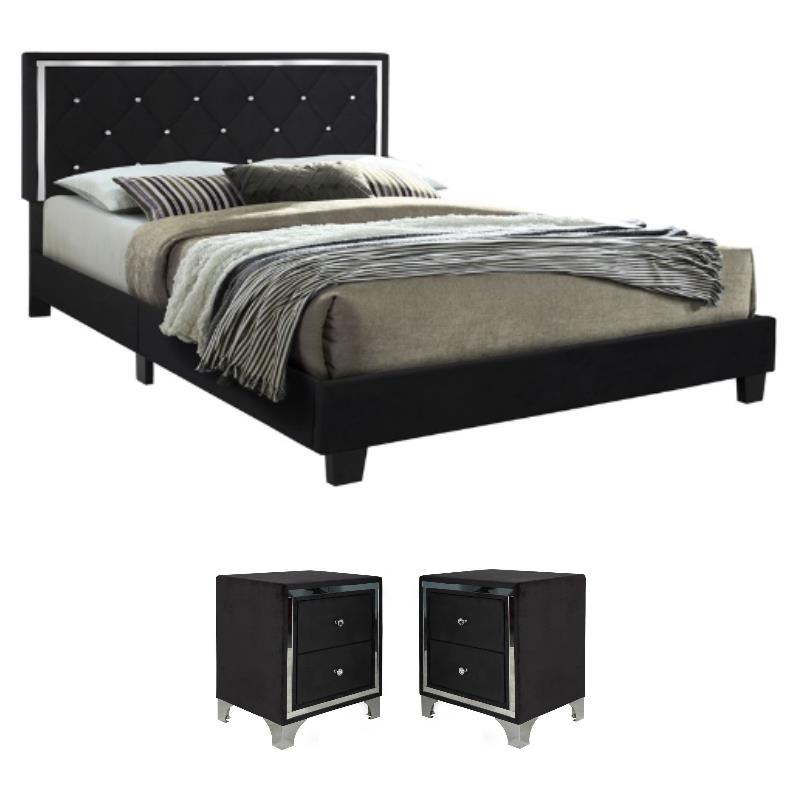 Home Square 3-Piece Set with King Platform Bed & 2 Nightstands in Black