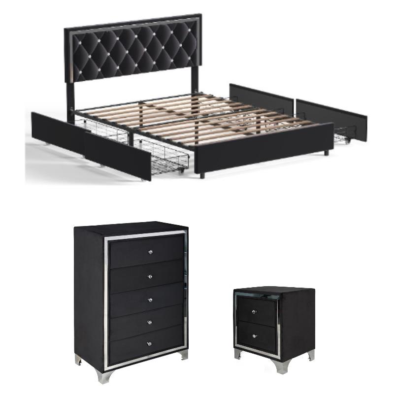 Home Square 3-Piece Set with Platform King Bed & Chest & Nightstand in Black