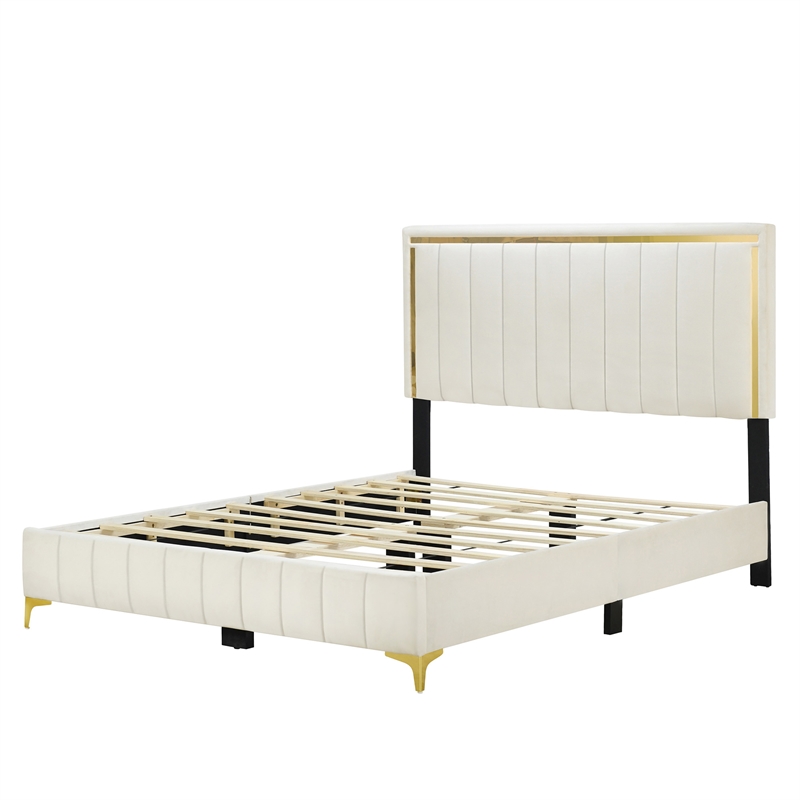 Home Square 2-Piece Set with Upholstered Queen Bed and 5 Drawer Chest in Cream