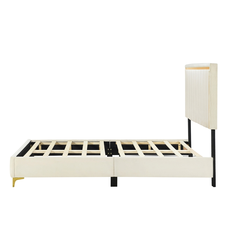 Home Square 2-Piece Set with Upholstered Queen Bed and 5 Drawer Chest in Cream