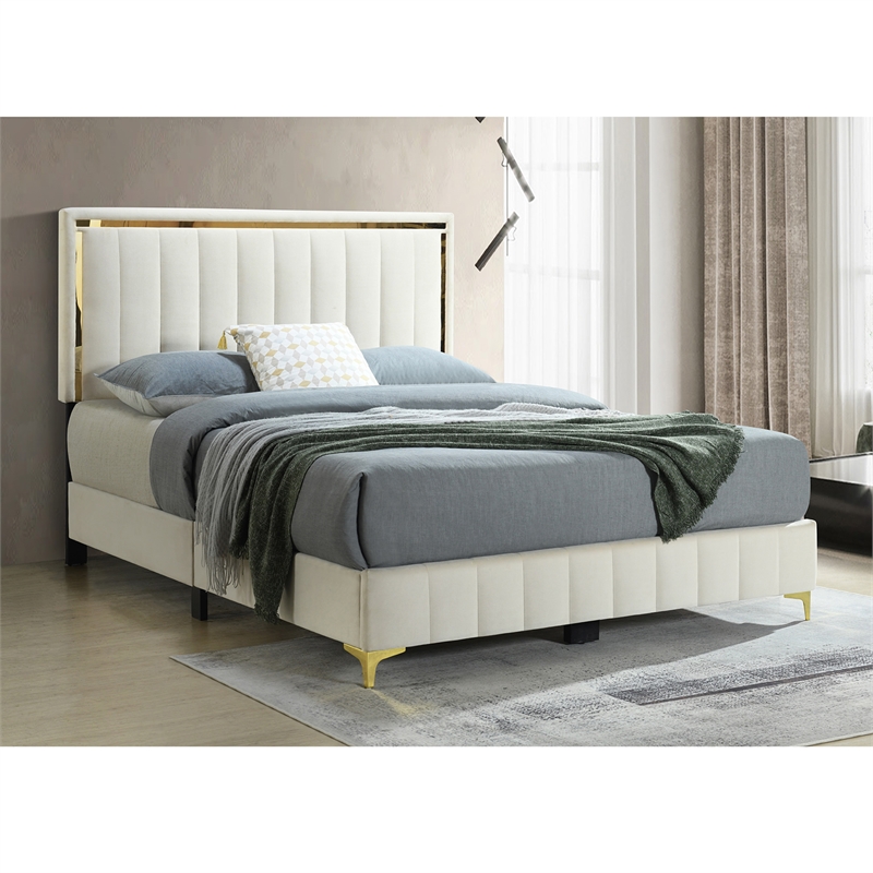 Home Square 2-Piece Set with Upholstered Queen Bed and 5 Drawer Chest in Cream