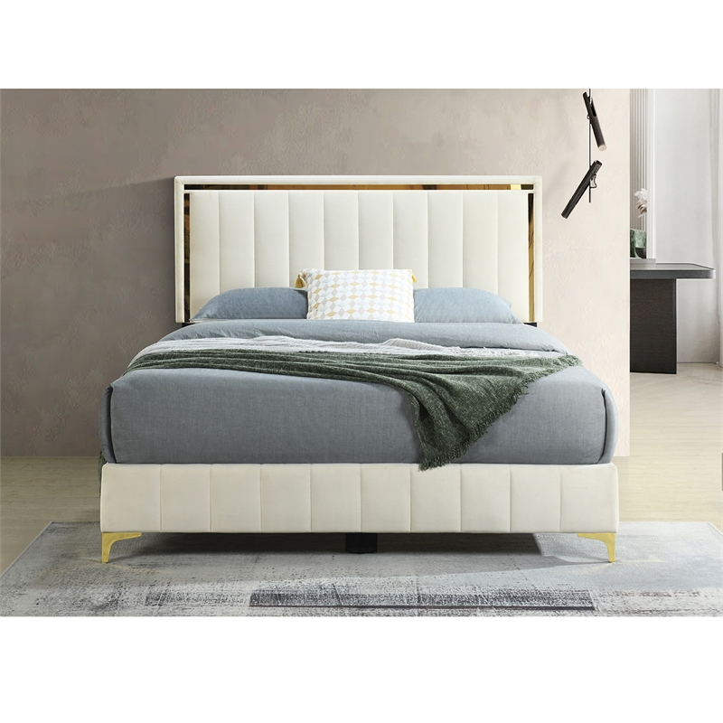 Home Square 2-Piece Set with Upholstered Queen Bed and 5 Drawer Chest in Cream