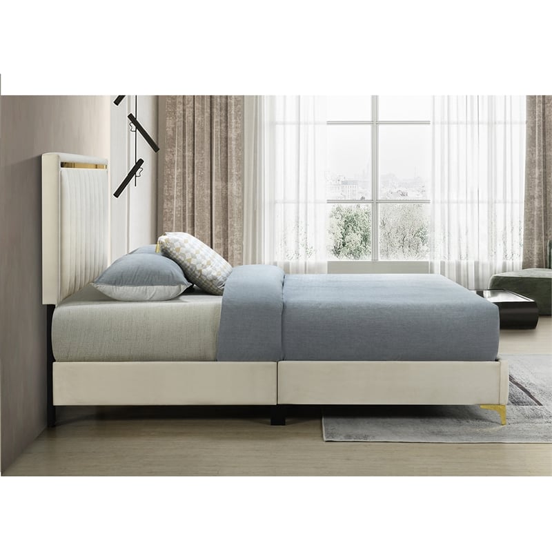 Home Square 2-Piece Set with Upholstered Queen Bed and 5 Drawer Chest in Cream