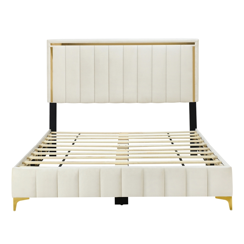 Home Square 2-Piece Set with Upholstered Queen Bed and 5 Drawer Chest in Cream