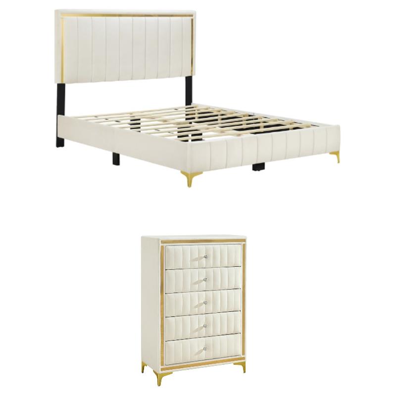 Home Square 2-Piece Set with Upholstered Queen Bed and 5 Drawer Chest in Cream