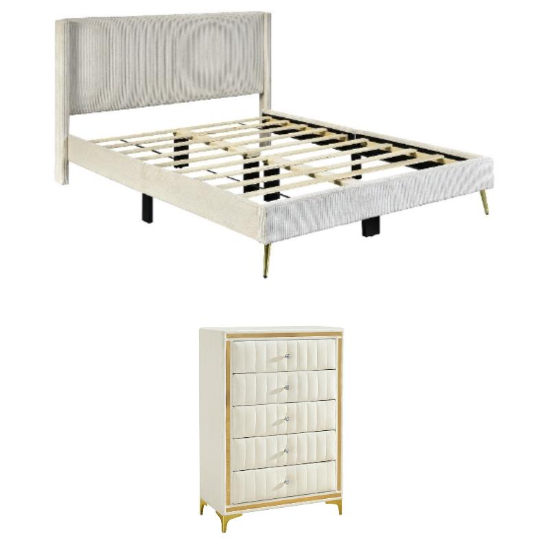 Home Square 2-Piece Set with Platform Queen Bed and 5 Drawer Chest in Cream