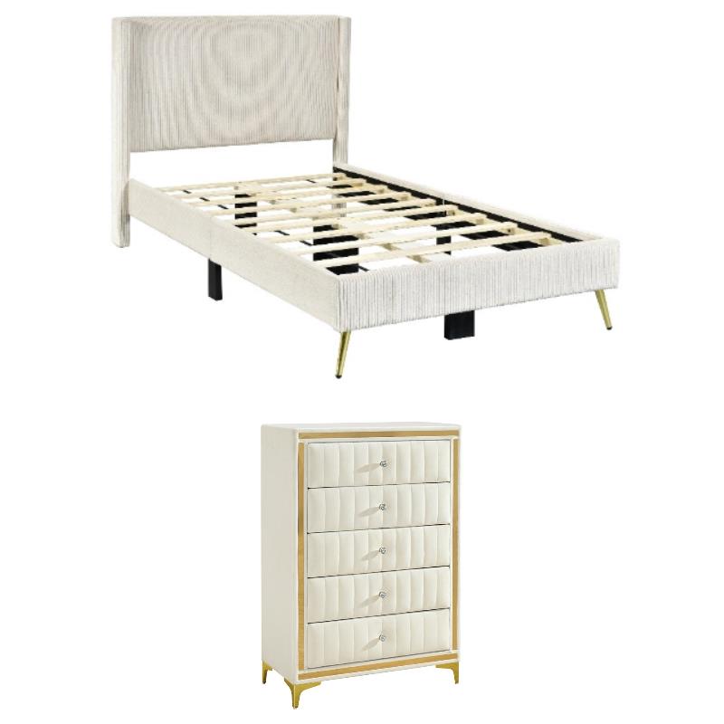 Home Square 2-Piece Set with Platform Twin Bed and 5 Drawer Chest in Cream
