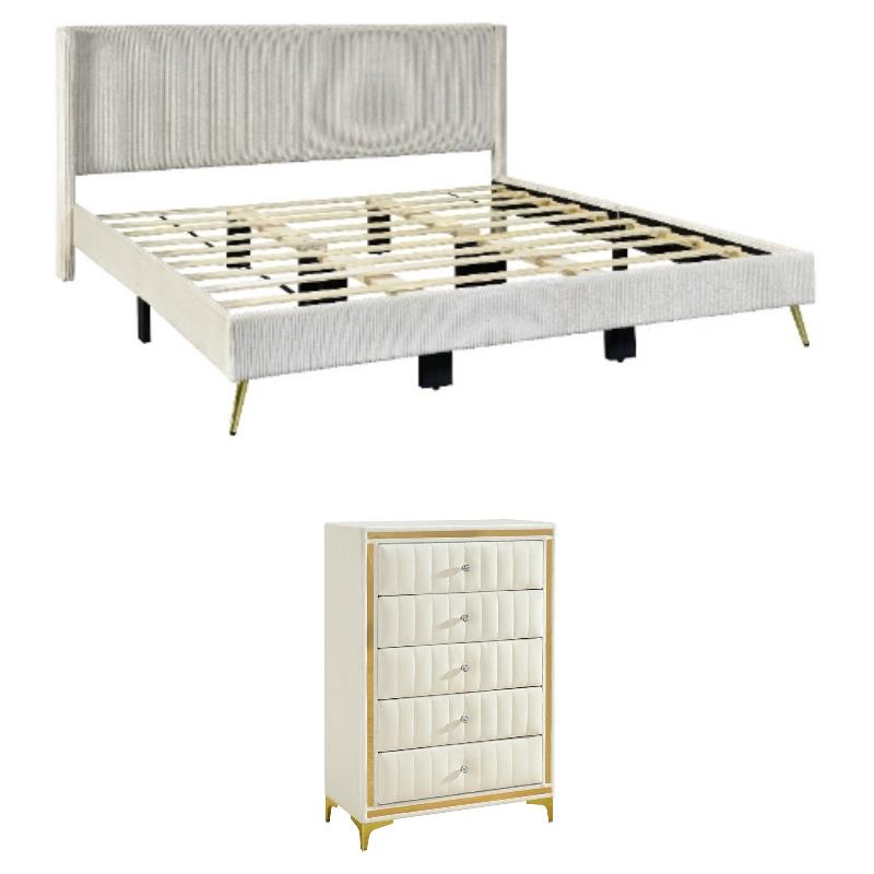 Home Square 2-Piece Set with Platform King Bed & 5 Drawer Chest in Cream