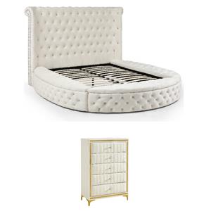 Home Square 2-Piece Set with Upholstered King Bed & 5 Drawer Chest in Cream