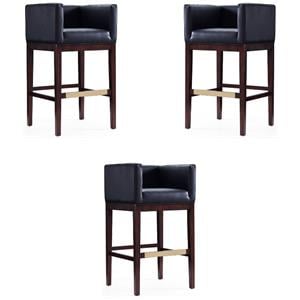 Home Square 30&quot Faux Leather Barstool in Black & Dark Walnut - Set of 3