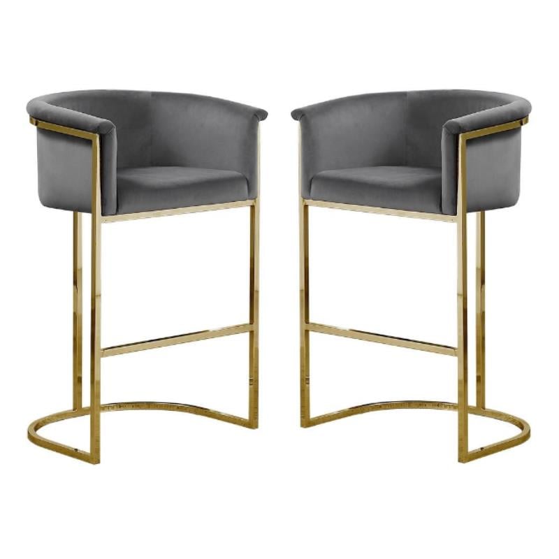 Home Square Velvet and Metal Barstool in Dark Gray & Gold - Set of 2