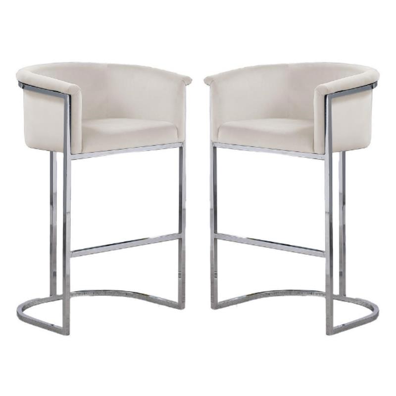 Home Square Velvet and Metal Barstool in Cream & Silver - Set of 2