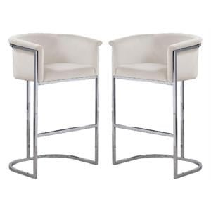 Home Square Velvet and Metal Barstool in Cream & Silver - Set of 2