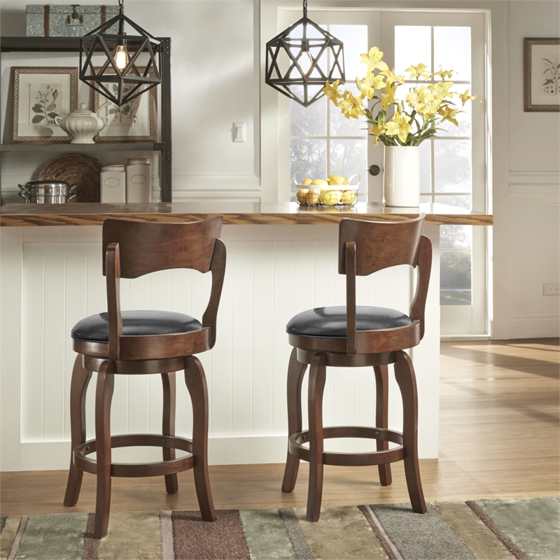 Home Square Swivel Faux Leather Counter Height Barstool in Brown - Set of 2