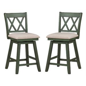 Home Square 24&quot Wood and Linen Swivel Barstool in Sage Green - Set of 2